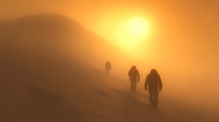 Fototapeta premium Three people are walking up a snowy mountain