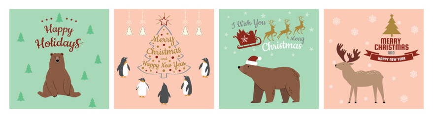 Set of 4 Christmas cards. Christmas cards with animals, bears, penguins, deer. Merry Christmas and Happy New Year. Vector illustration