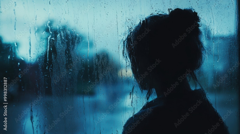 Poster a solitary figure contemplates the world beyond a rain-streaked window, evoking feelings of introspe