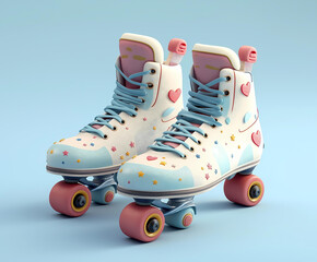 Colorful Pastel Roller Skates with Playful Heart Patterns and Yellow Wheels Set Against a Soft Blue Background