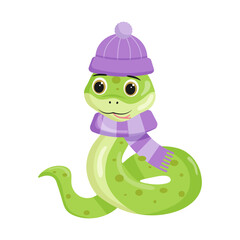 Cute character green snake in winter hat and scarf. New Year Symbol. Vector illustration isolated