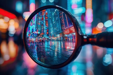 Urban reflections in a magnifying glass at night
