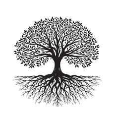 Tree silhouette. Big tree vector silhouette design. Tree with root vector illustration. Tree logo, icon black and white.