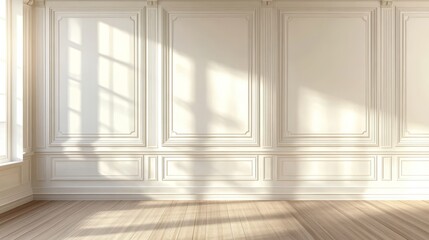Elegant interior with white classic wall panel and light brown wooden floor. Bright background with luxury and elegant molding frames. Realistic 3D vector illustration of home or office design.