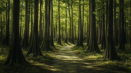 Obraz premium A path through a dense forest, lined with tall trees, leading to a mysterious destination.