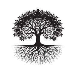 Tree silhouette. Big tree vector silhouette design. Tree with root vector illustration. Tree logo, icon black and white.