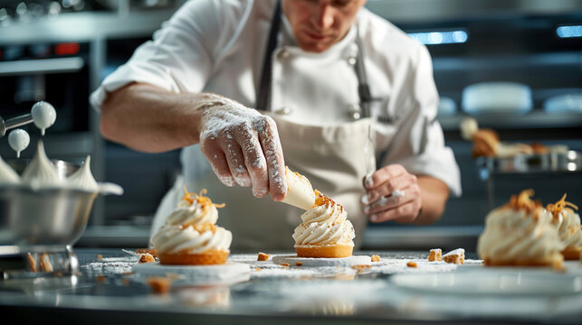 A chef is making a dessert with powdered sugar
