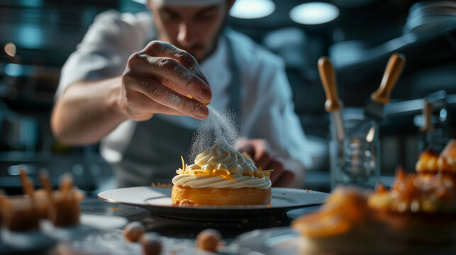 A chef sprinkling powdered sugar on a dessert