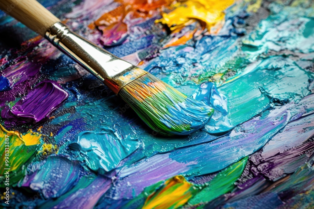 Fototapete bright splashes of color on a palette accompanied by paintbrushes bring abstract strokes to life on 