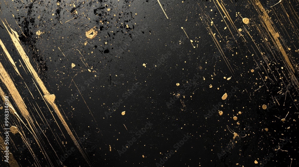 Poster abstract backdrop featuring metallic paint splatters against a dark surface creating a high contrast