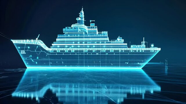 Futuristic holographic ship projection on water in digital blue light