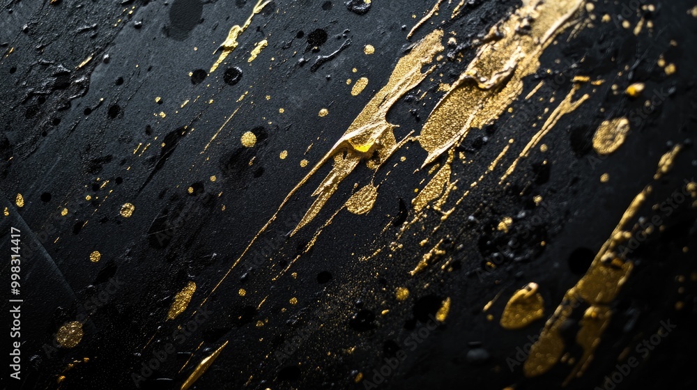 Aufkleber abstract backdrop featuring metallic paint splatters against a dark surface creating a high contrast