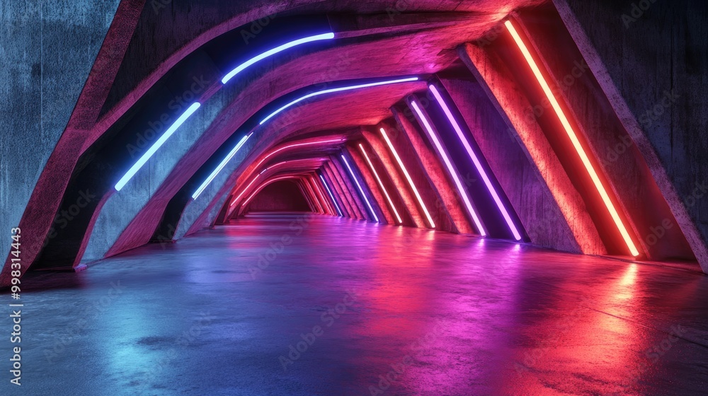 Poster futuristic abstract architecture featuring a 3d rendering with neon lighting and a spacious concrete