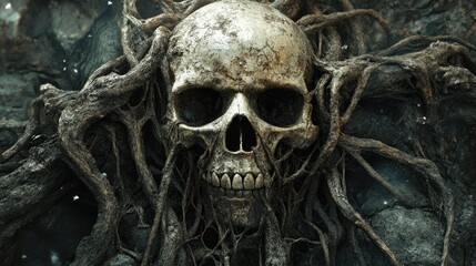 Surreal illustration of an impressive skull intertwined with ancient tree roots and branches