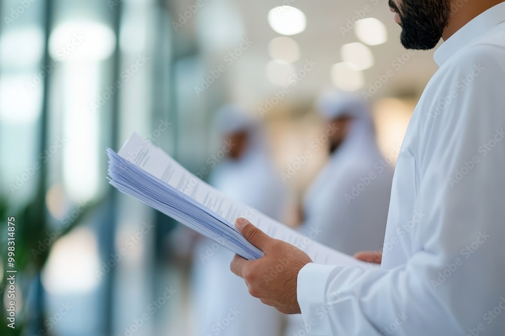Poster a person reviewing documents in a professional setting with colleagues in the background.