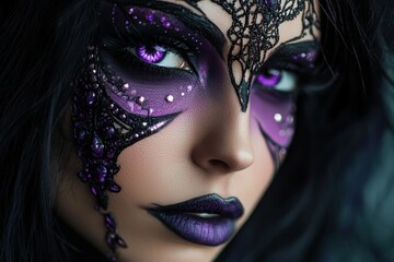 Enigmatic close-up of a woman with intricate purple face makeup