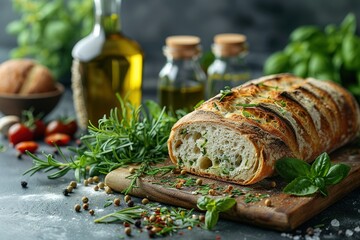 A loaf of bread with herbs and spices on top of a wooden cutting board