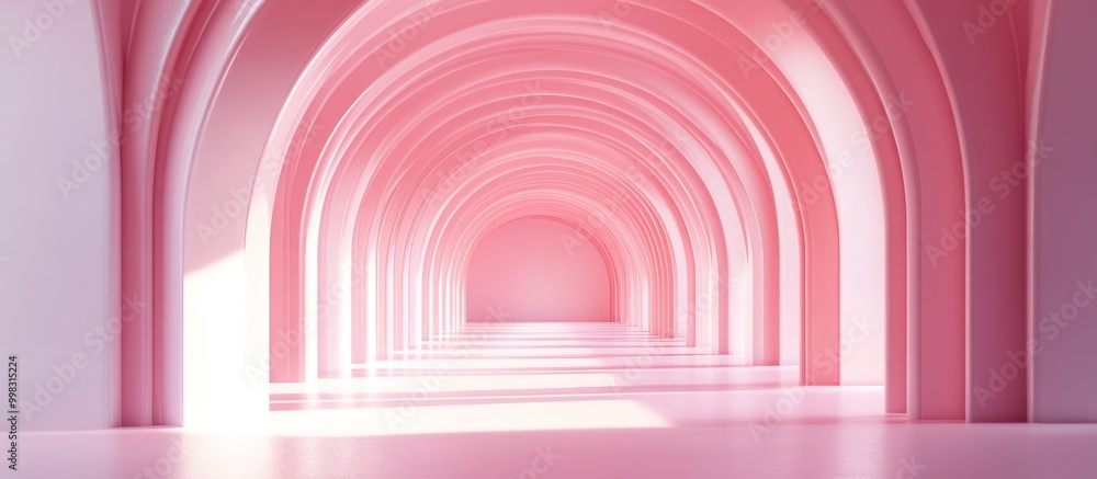 Aufkleber surreal 3d rendering of an abstract arch corridor featuring a soft pink background dreamlike interio