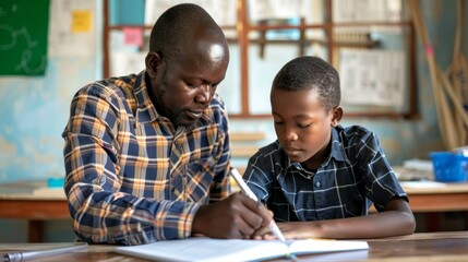Supportive Teacher Assisting Student with Challenging Homework Problem at Desk in Classroom Setting