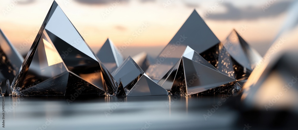 Poster abstract 3d rendering of dynamic triangles featuring a backdrop of pyramids in an open space
