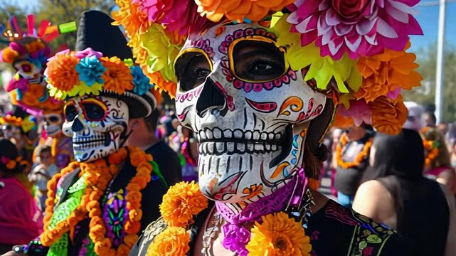 Vibrant day of the dead parade with colorful calavera face paint and floral headdresses
