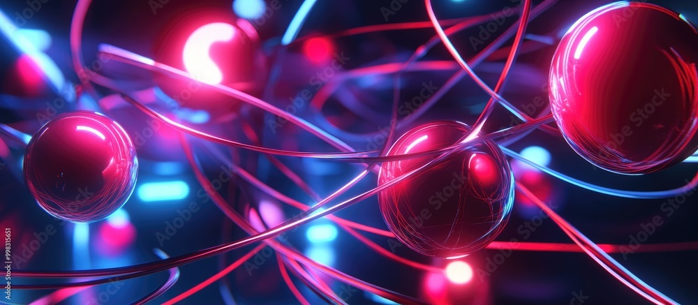 Poster abstract composition featuring wires and spheres illuminated by red and blue lighting 3d rendering