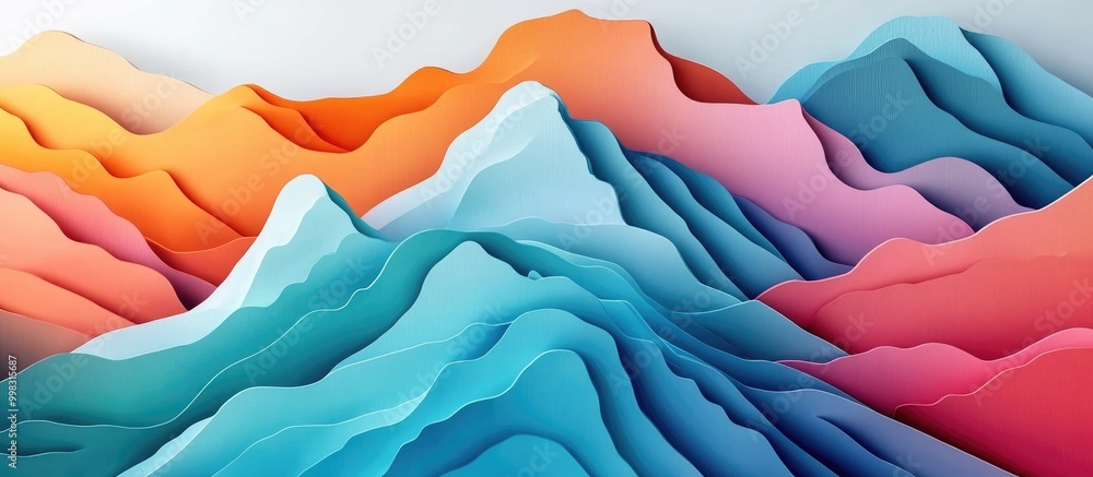 Poster abstract paper cut illustration featuring mountainous shapes surreal terrain design with colorful eq
