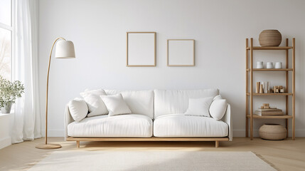 Modern Scandinavian living room interior with a white sofa, minimalist floor lamp, and wooden shelving, emphasizing space and simplicity