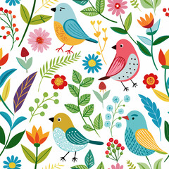 Aesthetic Birds and Floral Whimsy Vector Pattern &ndash; Bright, Cheerful Nature Illustration