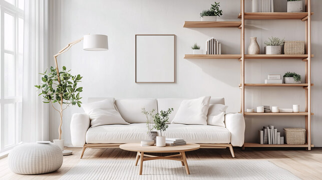 Modern Scandinavian living room interior with a white sofa, minimalist floor lamp, and wooden shelving, emphasizing space and simplicity