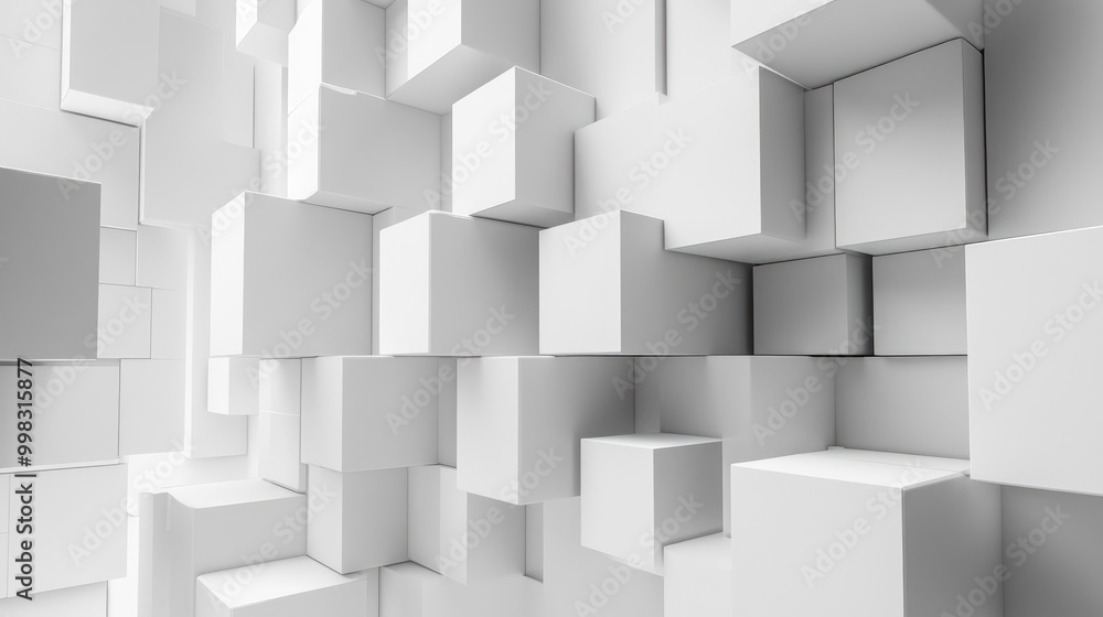 Poster an artistic composition of randomly shifted white cube boxes creates an intriguing backdrop presenti