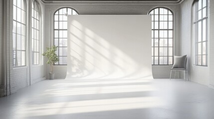 Obraz premium Sunny photo studio with large windows, soft natural light, and a white vinyl backdrop, perfect for interior design and photography mockups.