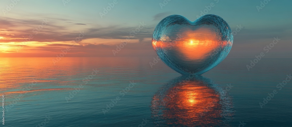 Poster surreal 3d rendering of a heart shaped glass planet with a glowing gateway set against an ocean back