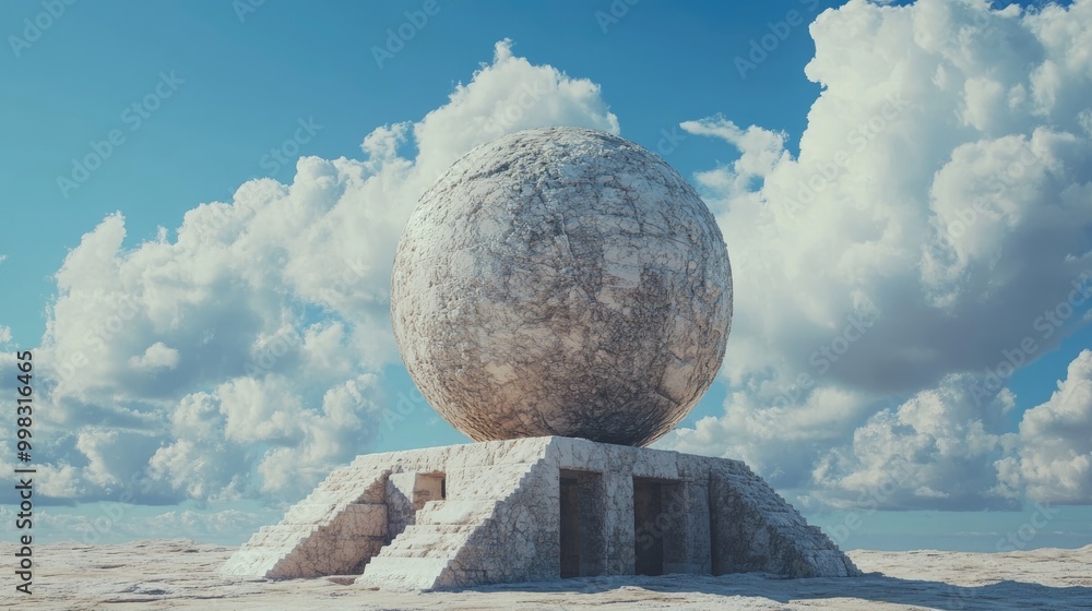 Poster surreal composition featuring a unique structure and sphere