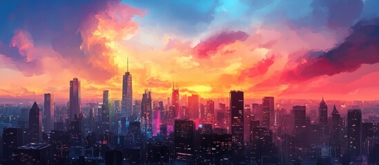Fototapeta premium Dynamic city skyline at sunset with vibrant colors and dramatic cloud formations