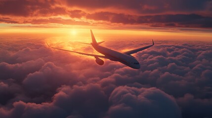 Sunset airplane flight with glowing contrail cutting through clouds, symbolizing the freedom of...