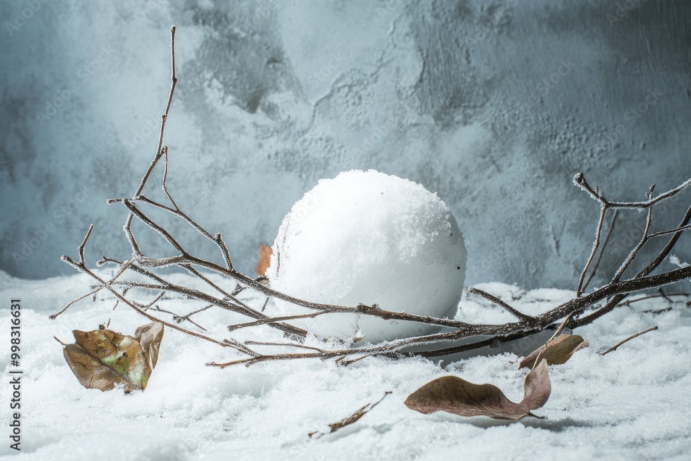 Canvas Prints A Single Snowball Resting on a Bed of Frosted Branches and Dried Leaves