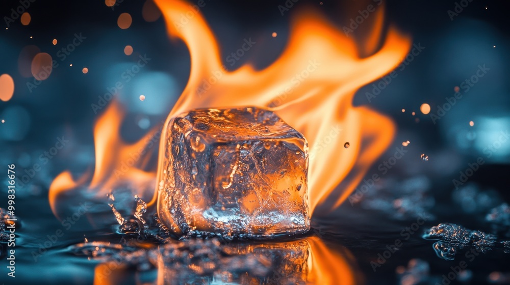 Poster surreal image of flames engulfing an ice cube, visually capturing the dramatic contrast between heat
