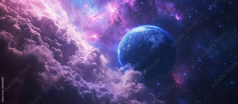Poster surreal and imaginative 3d rendering featuring a cosmic scene with the earth rotating amidst clouds 