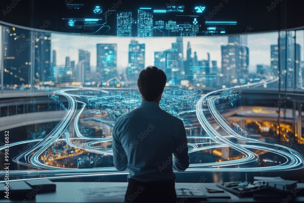 Aufkleber a person views a futuristic cityscape with digital overlays of data and traffic patterns.