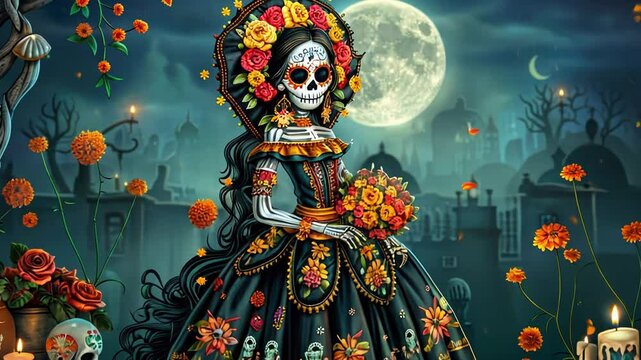 Vibrant day of the dead celebration with catrina in colorful dress and full moon