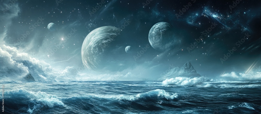 Poster surreal and fantastical 3d rendering featuring a world with the moon meteorites clouds stars the ori