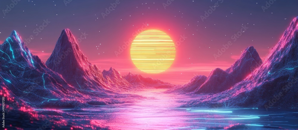 Poster 3d rendering of an abstract cyber landscape featuring neon mountains and a sun in a blend of futuris