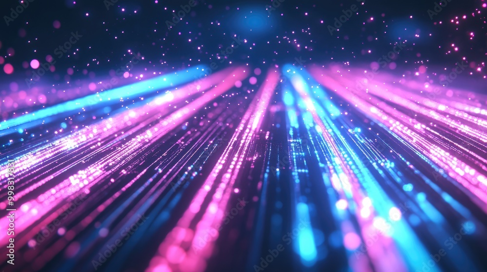 Poster futuristic abstract background featuring glowing neon lines in pink and blue representing data trans