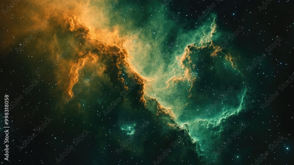 Poster vibrant green and orange nebula with cosmic dust in deep space featuring star particle motion agains