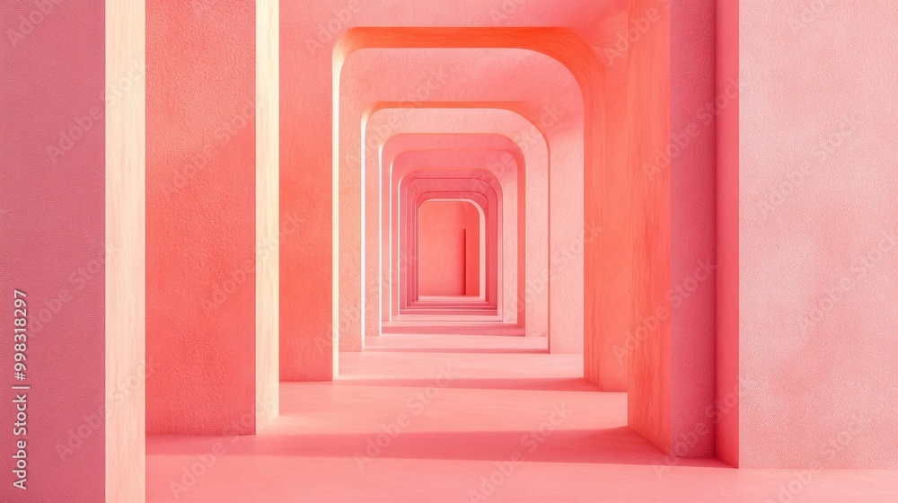 Poster surrealistic 3d illustration featuring an infinite corridor with a pastel pink background showcasing