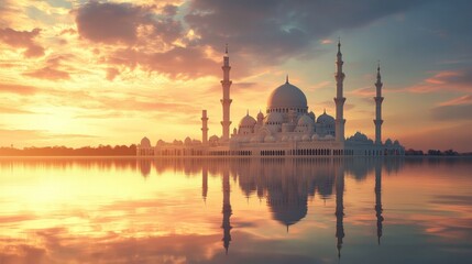 Naklejka premium Tranquil mosque reflected on water at sunset, surrounded by a beautiful sky, a symbol of peace and spirituality.