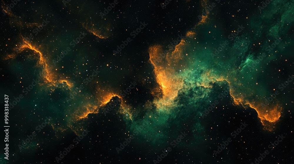 Poster vibrant green and orange nebula with cosmic dust in deep space featuring star particle motion agains