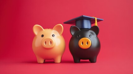 Two piggy banks, one wearing a graduation cap, against a red backdrop. A visual metaphor for education funding and savings.