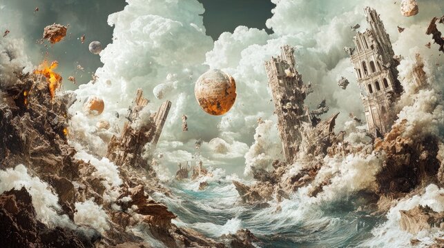 Surrealist imagery depicting dreamlike landscapes with abstract elements exploring themes of apocalypse and imagination